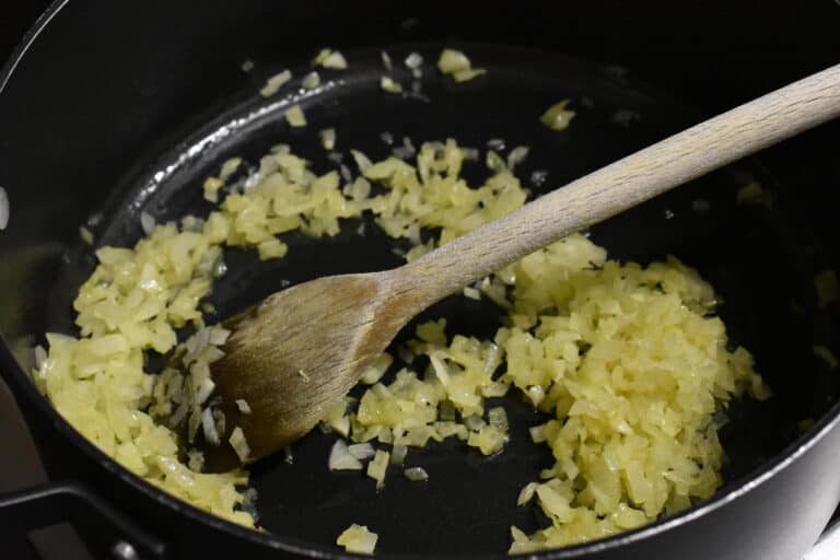 Sautéed onion in a frying pan