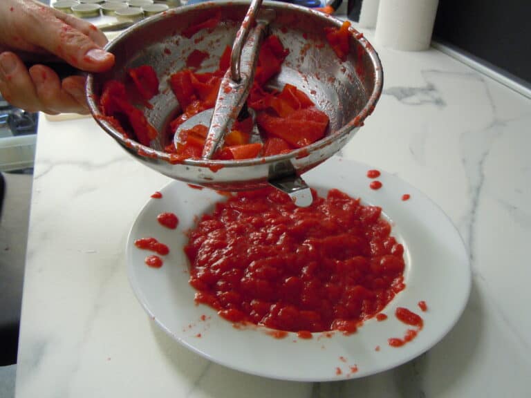 Image of tomato skins being put through a vegetable mouli to extract the pulp