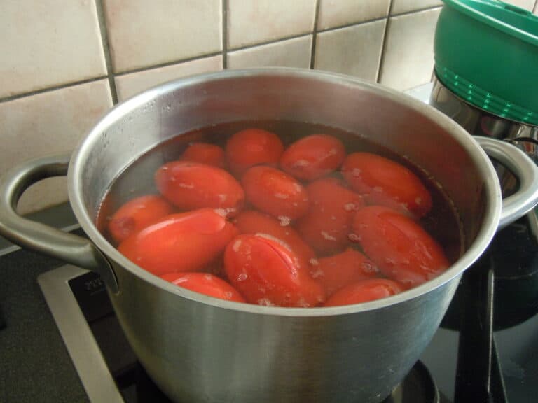 A large saucepan with boiling water and tomatoes 