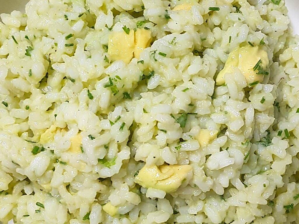 A close-up image of avocado lime rice.