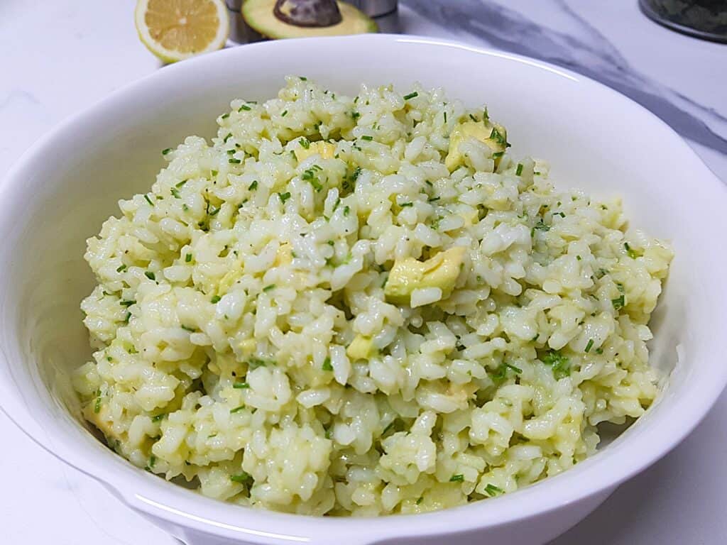 Avocado lime rice in a serving bowl.