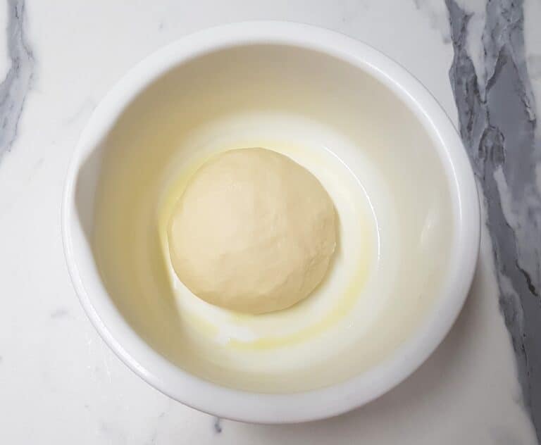 Kneaded focaccia dough in a plastic bowl