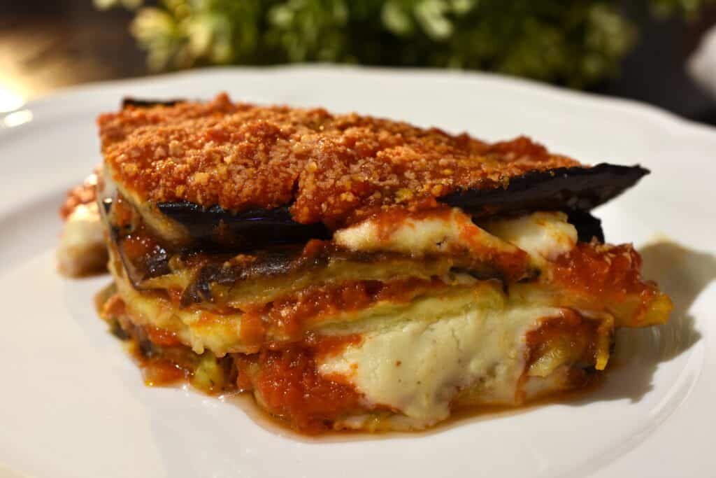 A close-up image of a portion of vegan aubergine parmigiana