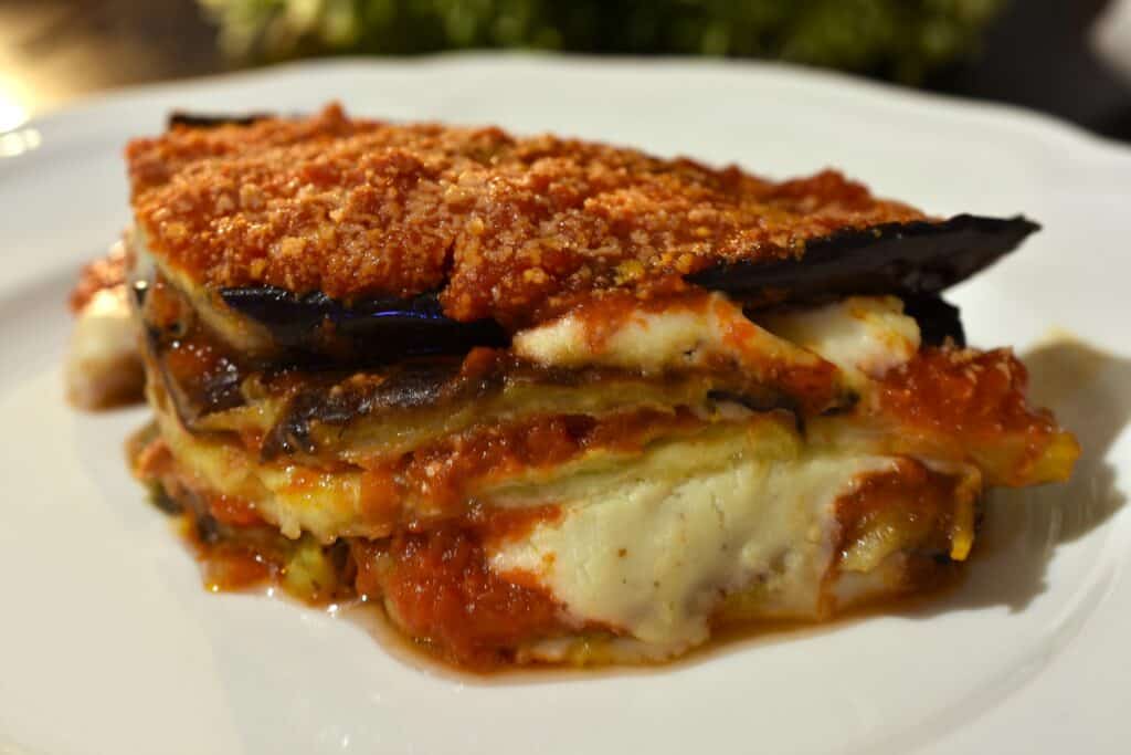 A close-up image of a portion of vegan aubergine parmigiana