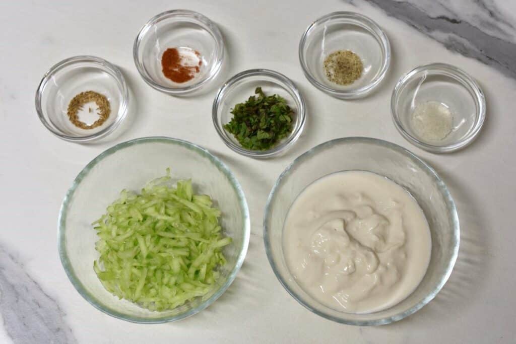 Ingredients for vegan cucumber raita.