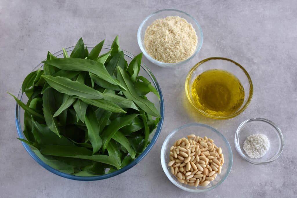 Ingredients for vegan wild garlic pesto.