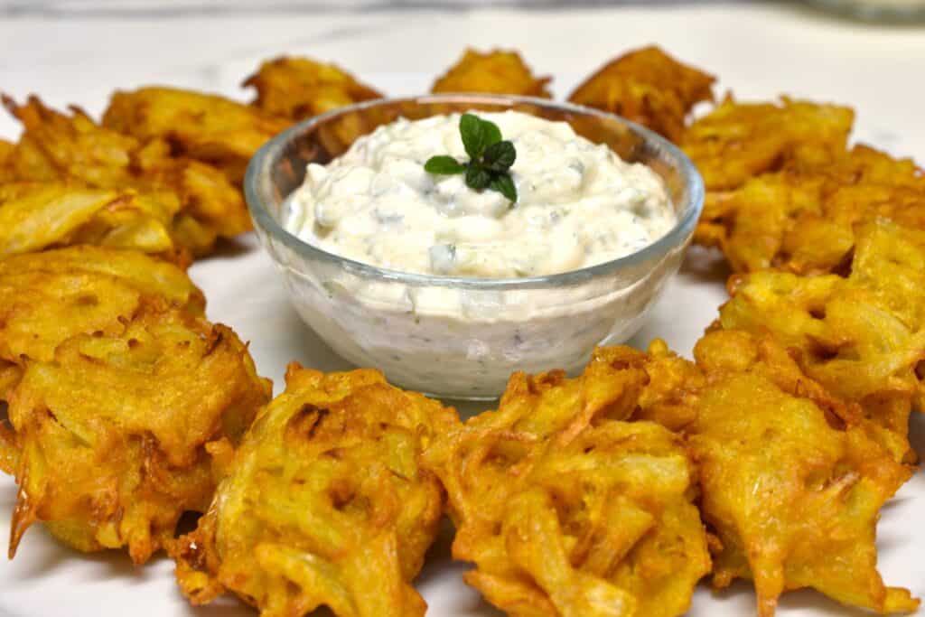 Onion bhaji and cucumber mint raita