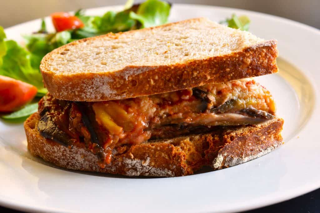 A vegan aubergine parmigiana sandwich