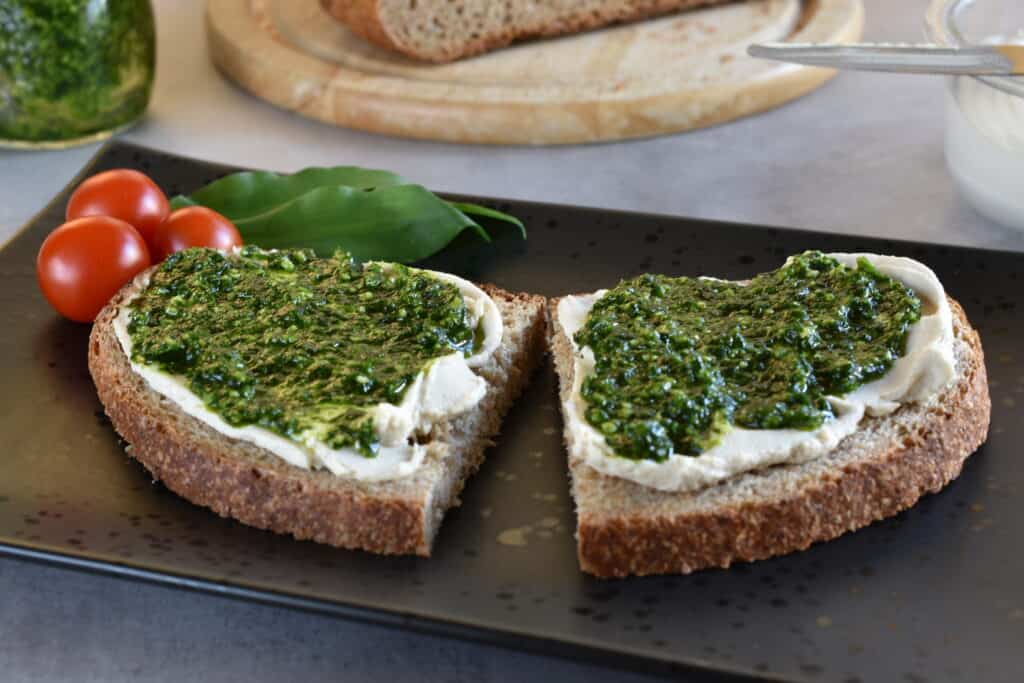 Wild garlic pesto and vegan cream cheese on wholemeal sourdough bread