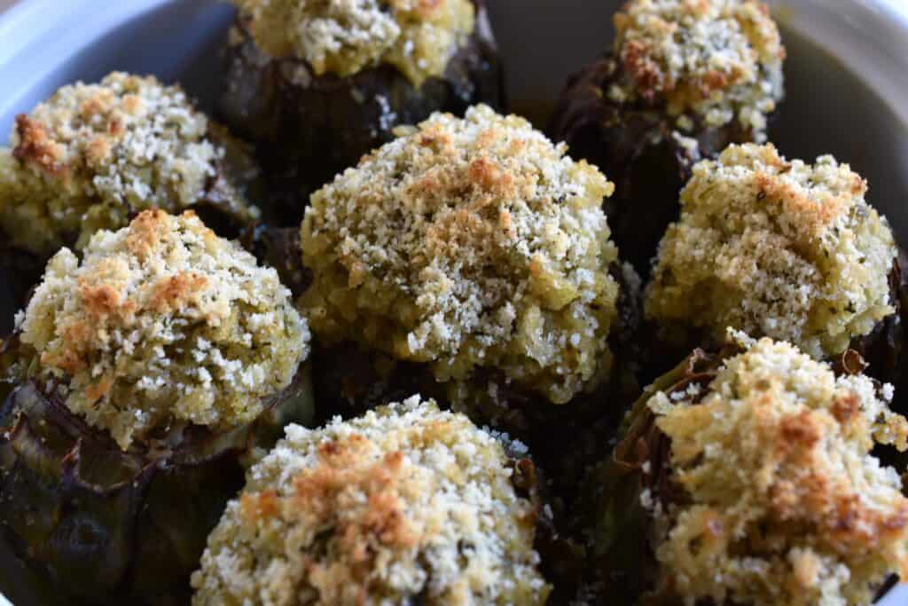 Close-up image of vegan stuffed artichokes.