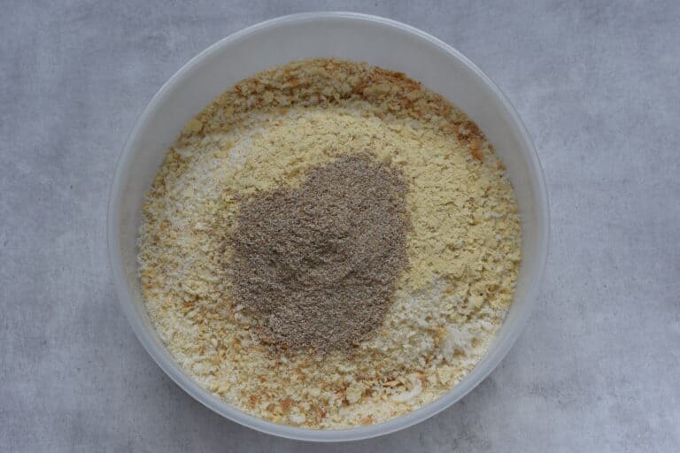 Dry breadcrumbs, nutritional yeast flakes and ground chia seeds.