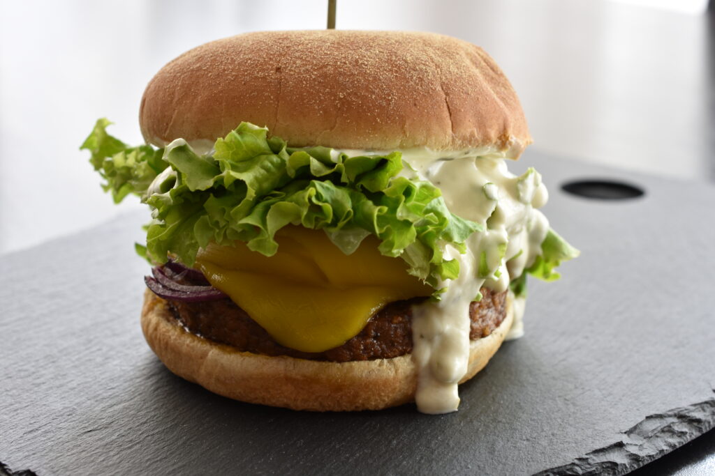 Homemade vegan cheeseburger.