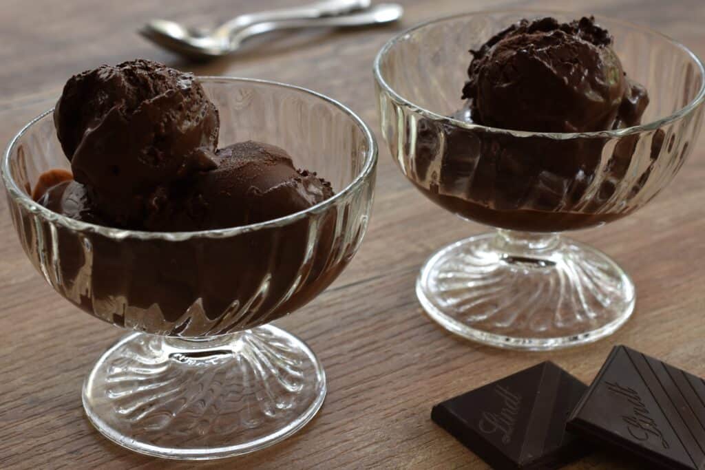 A close-up image of vegan dark chocolate ice cream