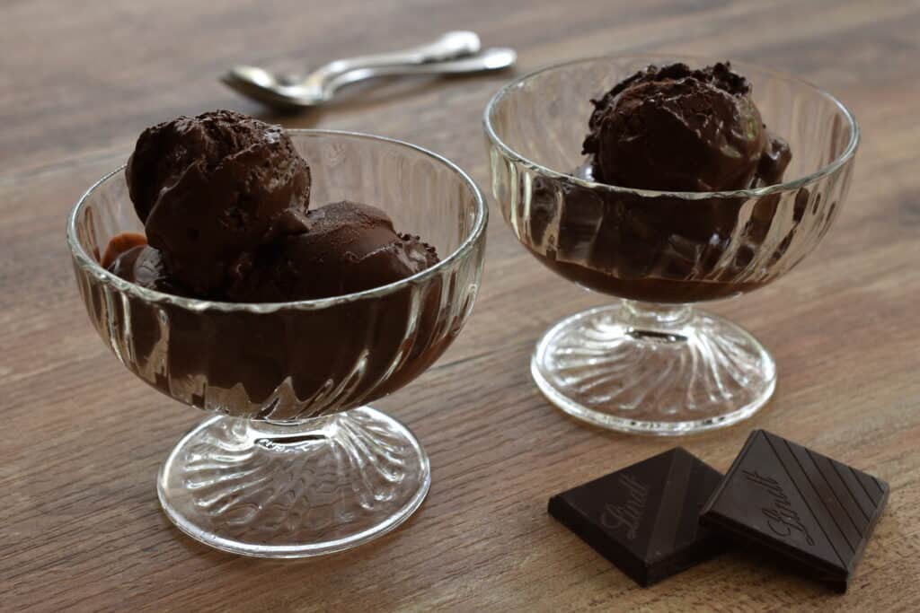 Two glass bowls of vegan dark chocolate ice cream.