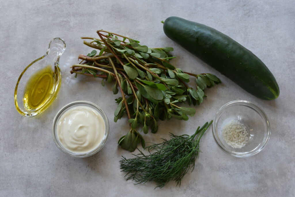 Ingredients for purslane and cucumber salad on a kitchen worktop.