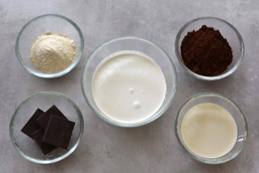 Ingredients for vegan dark chocolate ice cream.