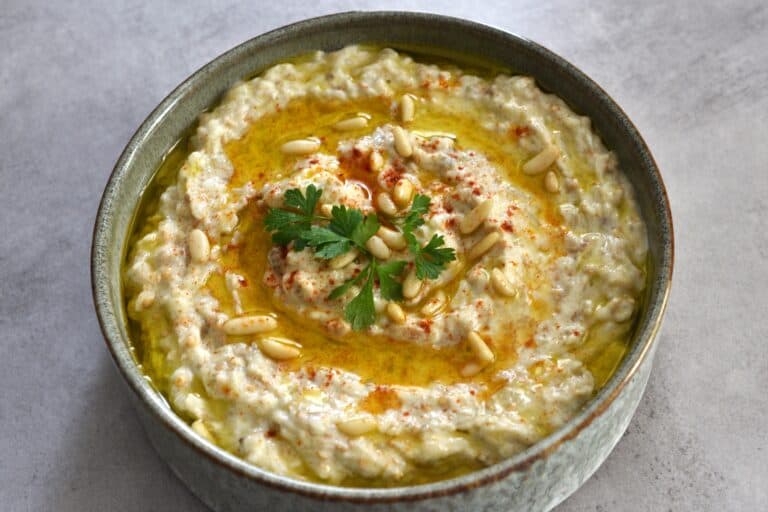 Baba ganoush in a serving bowl.