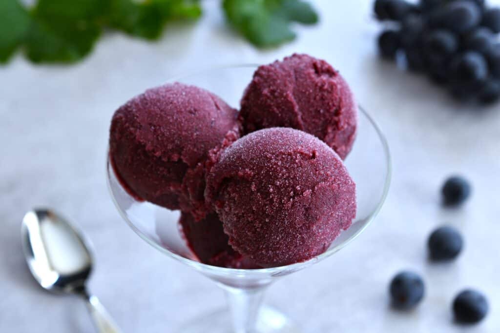 A close-up image of Concord grape sorbet in a cocktail glass.