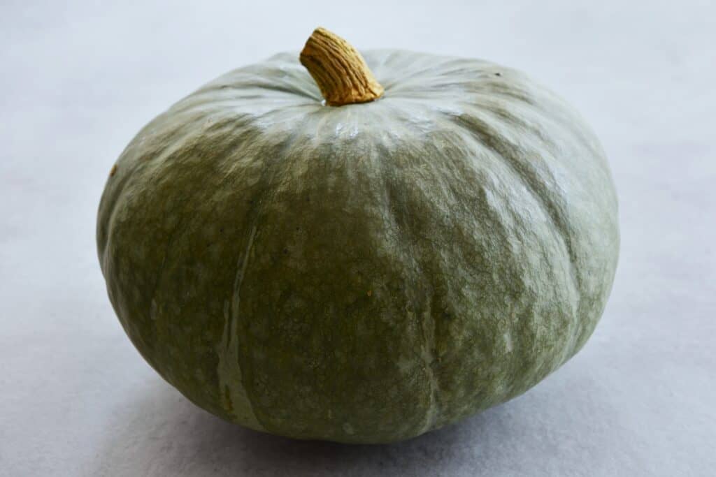 A whole Delica pumkin on a kitchen worktop.