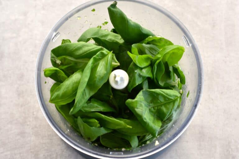 Basil leaves in the blender of a food processor.