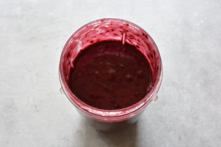 Blended Concord grapes, sugar, and lemon juice in blender beaker. 