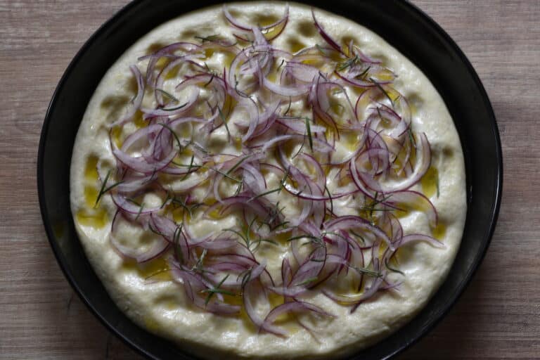 Red onion and rosemary focaccia just before going into the oven.