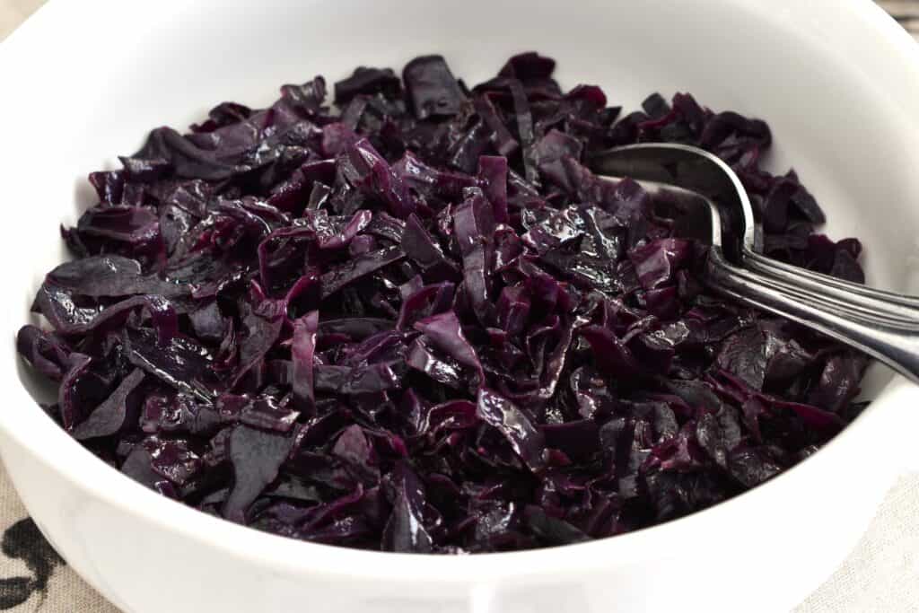 A close-up image of Italian braised red cabbage with balsamic vinegar.