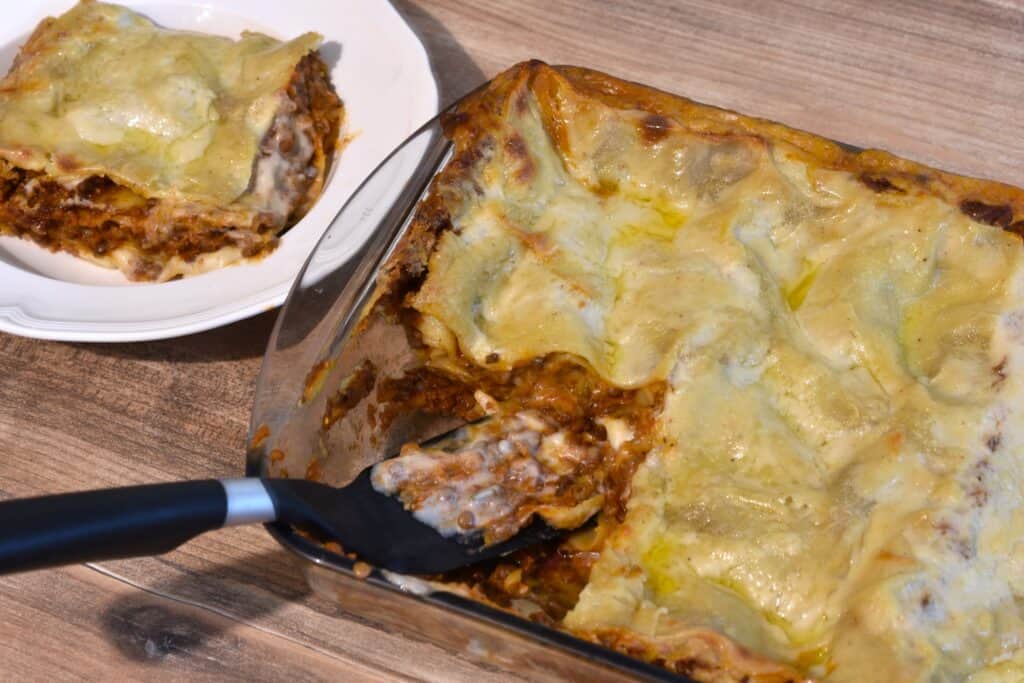 Vegan lentil lasagne in an oven dish.