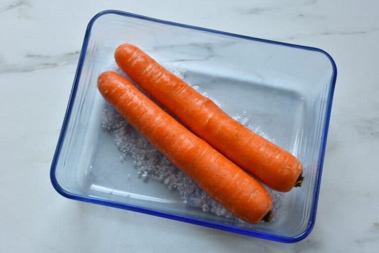 Two carrots on a bed of salt.