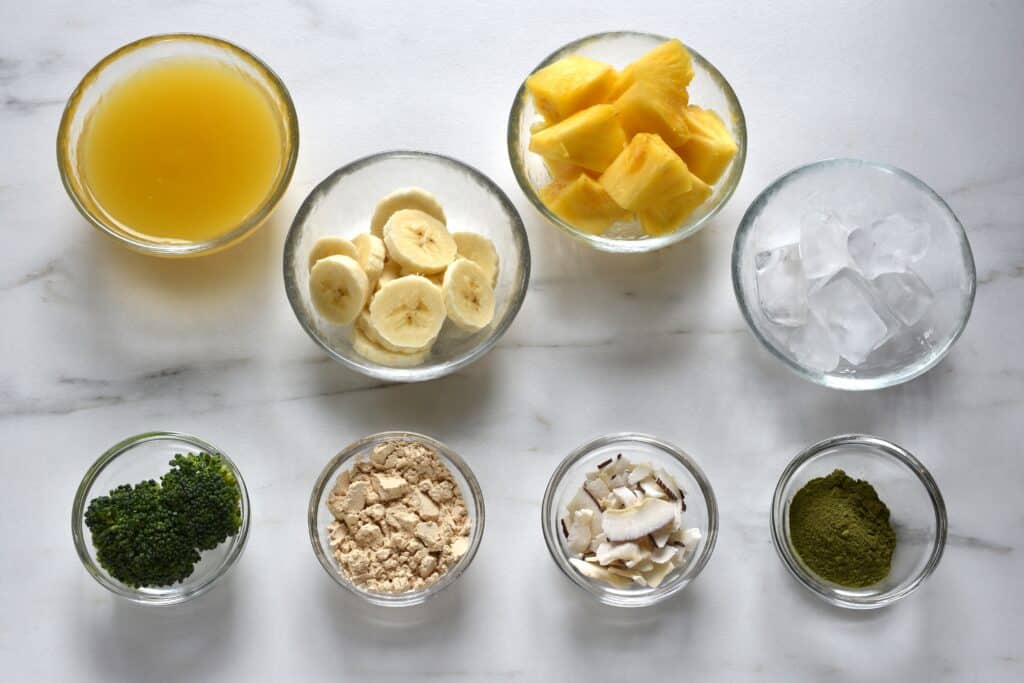 Ingredients for green pineapple and coconut smoothie.