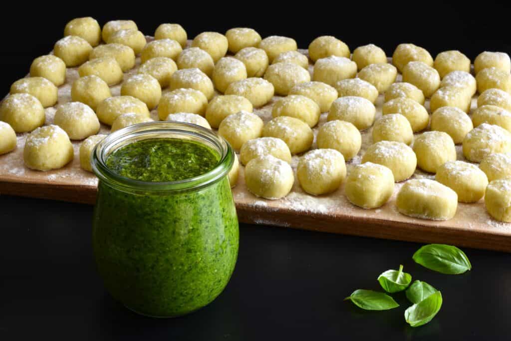 Vegan basil pesto genovese and homemade vegan potato gnocchi.