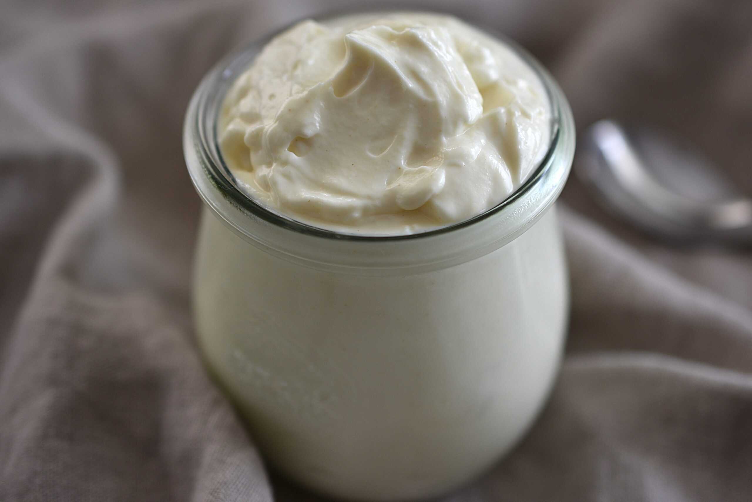 A close-up image of vegan mayonnaise in a weck glass on a kitchen towel with a long spoon. 