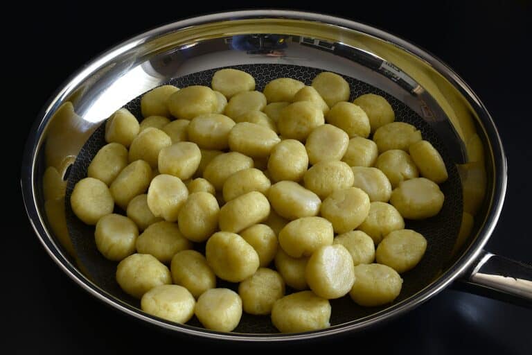 A pan of homemade vegan potato gnocchi.