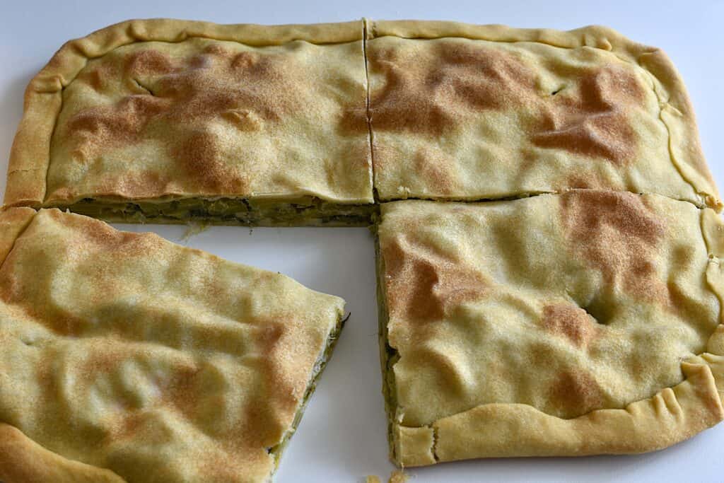 Ligurian torta verde (torta verde del ponente ligure) cut into four slices.