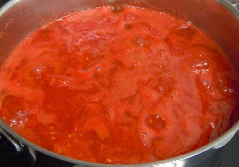 Homemade fresh tomato pasta sauce simmering in a pan.