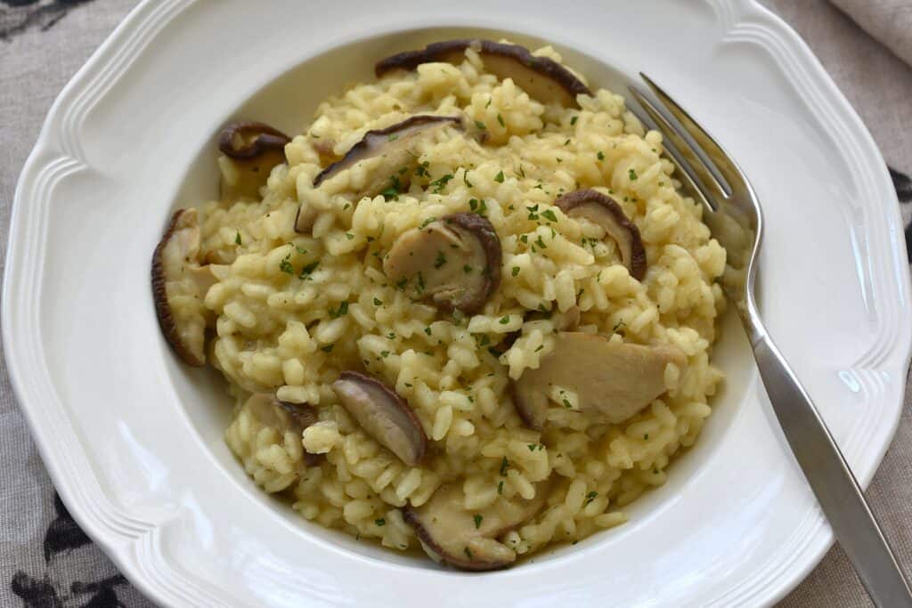 Risotto ai funghi porcini on a white plate.