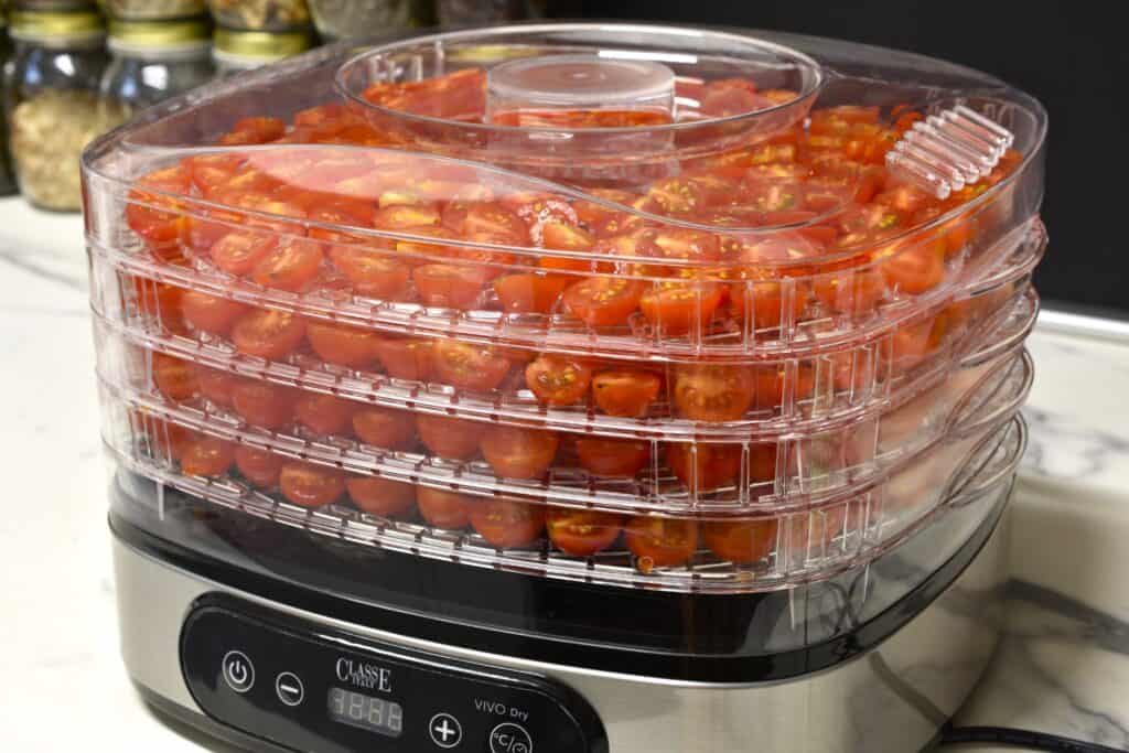 Cherry tomatoes in a dehydrator.