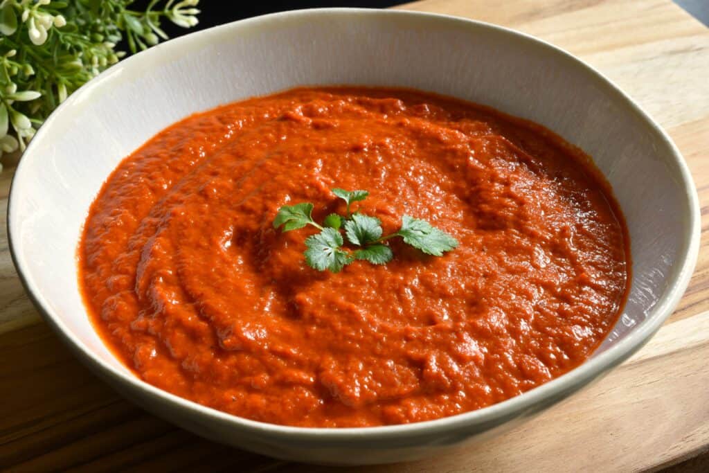 Roasted red pepper sauce in a white bowl with a garnish of coriander leaf.