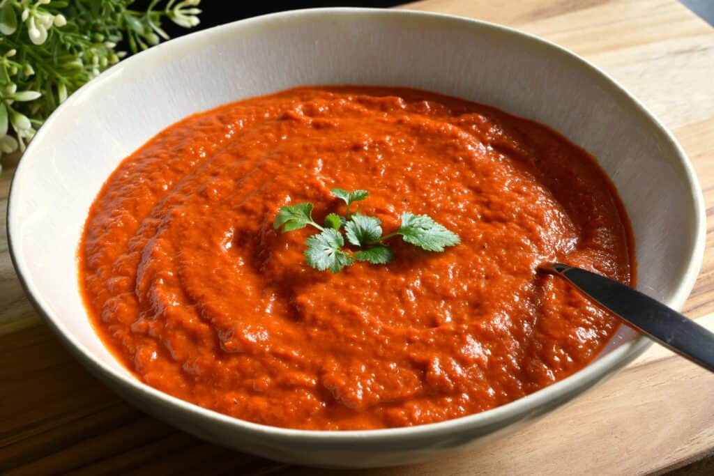 Roasted red pepper sauce in a white bowl with a garnish of coriander leaf and a spoon.