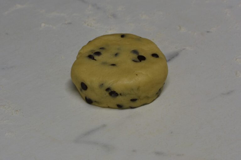 A ball of chocolate chip shortbread dough on a worktop sprinkled with flour.